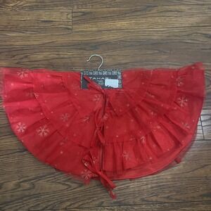 Tahari Mini Christmas Tree Skirt Table Top TuTu Red Gold Snow Flakes 24" Round